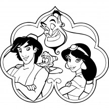 Coloriage Aladdin, Abu, Genie and Jasmine