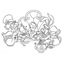 Alice drinks tea with her friends coloring