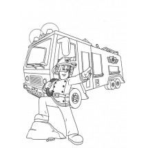 Coloriage Sam in front of his fire truck
